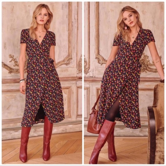 Sezane Dresses & Skirts - Sezane Amber Wrap Dress Floral Black Red Size 38 US 6